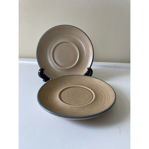Vintage Pfaltzgraff Folk Art Pattern 2 Saucers Tan and Blue 6.25"